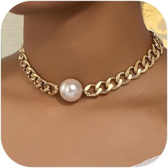 Rhinestone Butterfly Necklace | Gold Cuban Chain with Pearl Accent - Picture 1 of 4